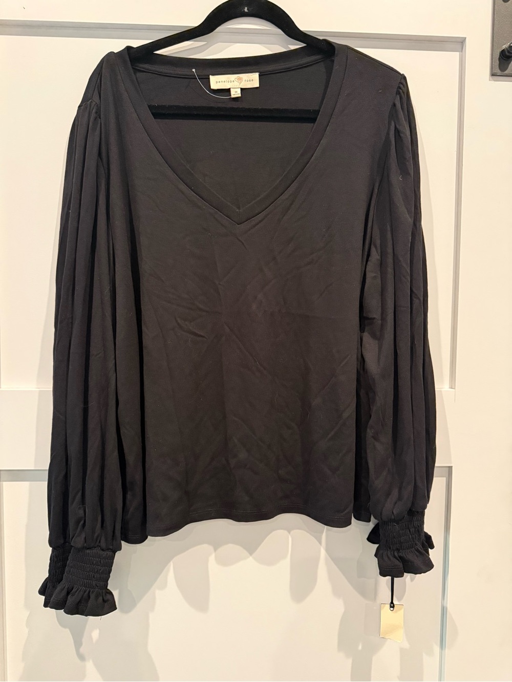 Penelope Rose Black V-Neck Blouse with Smocked Cuffs